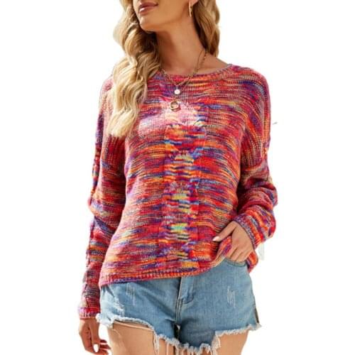 Women Variegated Color Sweater, Round Collar Long Sleeve Striped Casual Style Knitwear Spring Autumn