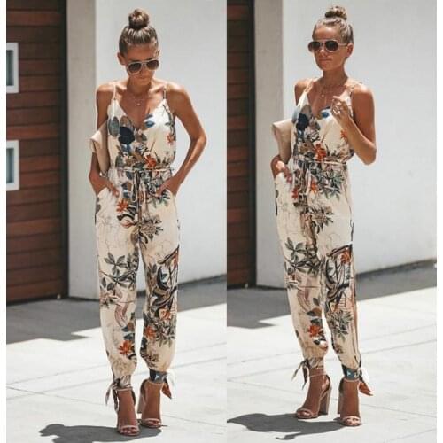 2020 Women Sexy Jumpsuit Casual Sleeveless V- Neck Bodysuit Fashion Ladies Flower Print Wide Leg Pants Long Trousers