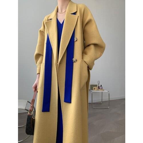 Water ripple double-breasted suit collar double-sided cashmere coat woolen coat female Korean version 21 new
