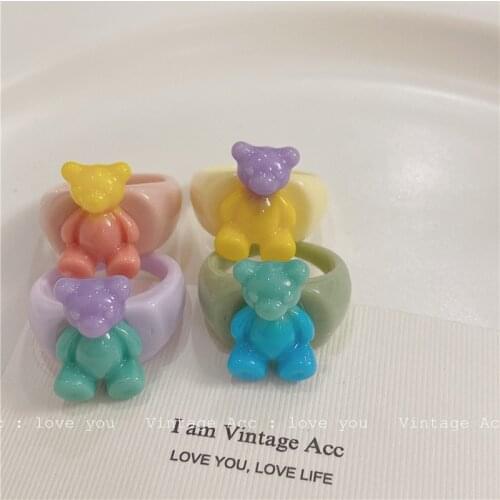 Bear Ring Color Contrast Sweet Rings for Women Girls Colorful Acrylic Resin Cartoon Animal Party Jewelry Gifts