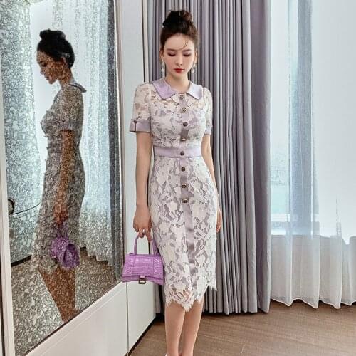 Short Sleeve Bodycon Midi Lace Dress Women Summer Turn-down Collar Party Sexy Clubwear Wrap Light Purple Dresses 2021 Korean
