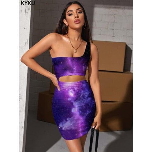 KYKU Brand Colorful Dresses Women Galaxy Halter Sleeveless Nebula Bodycon Dress Purple Hollow out Dresses Womens Clothing Party
