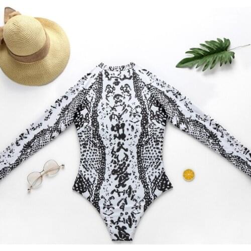 Snakeskin Print Long Sleeve Swimsuit Womens Sexy Half Zipper Deep V-Neck Monokini One-Piece Swimwear Push Up Padded Surfing