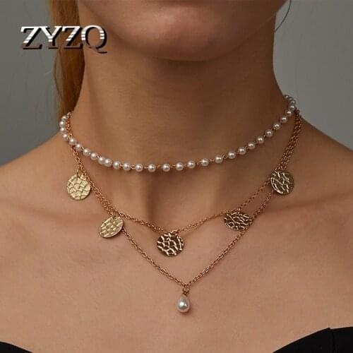 ZYZQ Boho Multilayer Round Necklaces For Women Girls Vintage Fashion Imitation Pearls Layers Pendant Necklace Jewelry Gift 2020