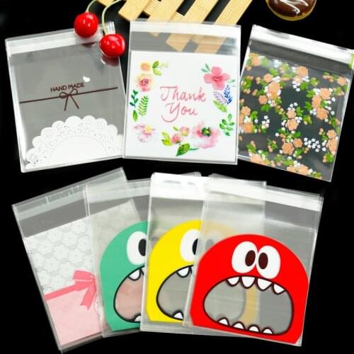 100pcs Thank You Plastic Gift Bag Flower Self-adhesive Transparent Bag Cookies Biscuit Packing Cute Animal Plastic Bag 10x10cm