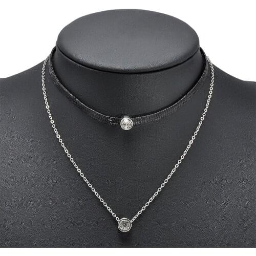 2021 New Arrival Trendy Leather Choker Necklace with Crystal Charm Layer Necklaces & Pendants for Women Girls Gothic Collier