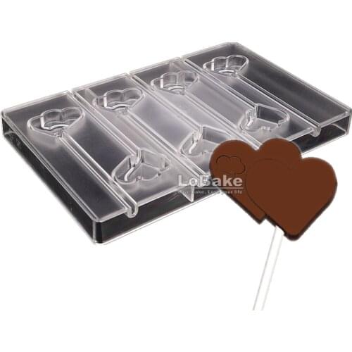 7 cavities double heart with sitck shape polycarbonate PC chocolate mold lollipop popsicle mould candy molds tools DIY bakery