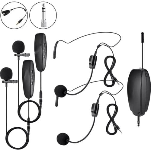 Wireless Lapel & Headset Microphone System 2 Lavalier & 2 Headset mics, Ideal for Speakers, Fitness, Phones, Cameras