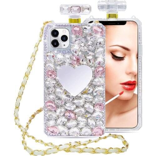 Luxury Bling Diamond Gemstone Perfume Bottle Love Heart Make up Mirror Case Cove For iPhone 11 Pro XS Max XR X 8 7 6 6S Plus SE