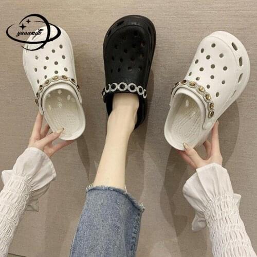 34-39 Womens Mules & Clogs Summer Female Sandals 6cm Wedges Rhinestone Breathable Beach Slippers Ladies Garden Shoes Hy43