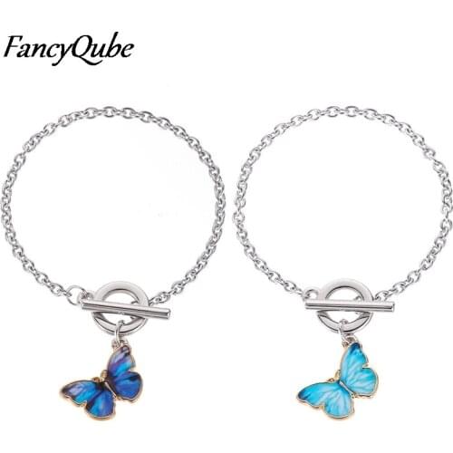 1 Pcs Blue Purple Butterfly Pendant Bracelet Simple Word Buckle Chain Bracelet Good Gift For Women Wife Daughter Daily Popular