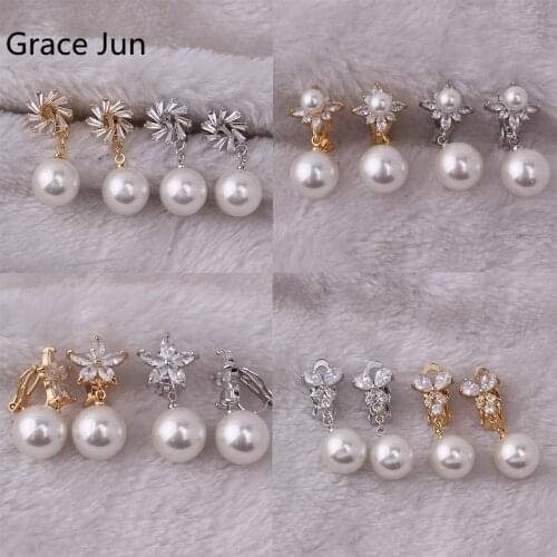 GRACE JUN 8 Colors Available Geometric CZ Pearl Clip on Earrings for Women Girl Charm Bridal Wedding Earrings Hypoallergnic New