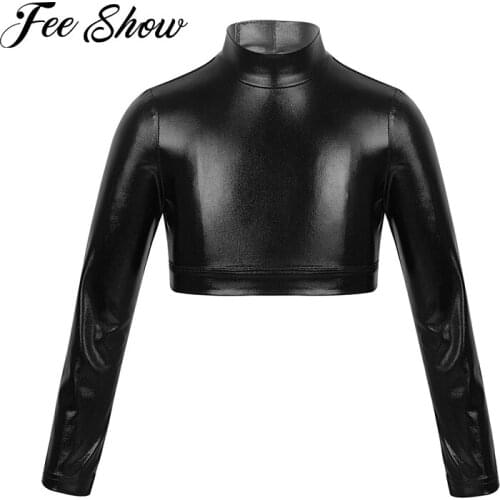 Kids Teens Long Sleeves Glossy Metallic Crop Top for Girls Ballet Jazz Dance Stage Performance Workout Gymnastics Dance Wear
