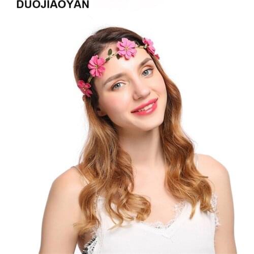 DUOJAIOYAN New artifical flower headband Woven belt garland adjustable elastic women hair band wedding wreath