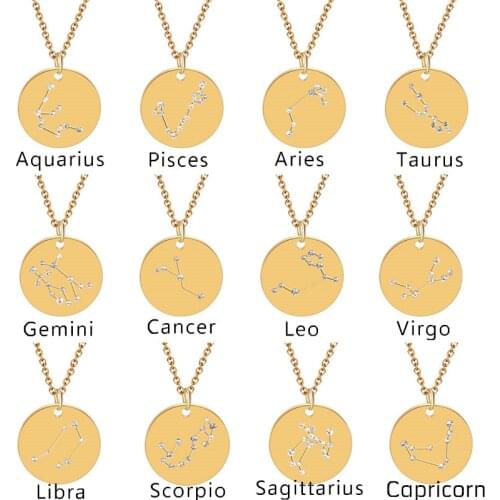 Gemini Libra Astrology Zodiac Necklace Women 12 Constellation Star Zircon Crystal Statement Jewelry Horoscope Sign Gold Necklace