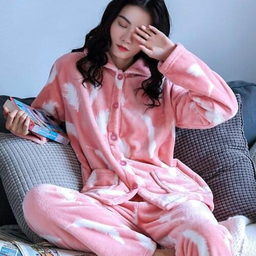 H5815 Women Pajamas Suit Plus Velvet Coral Fleece Casual Flannel Sleepwear Long Sleeve Middle-aged Mom Autumn Winter Nightgown