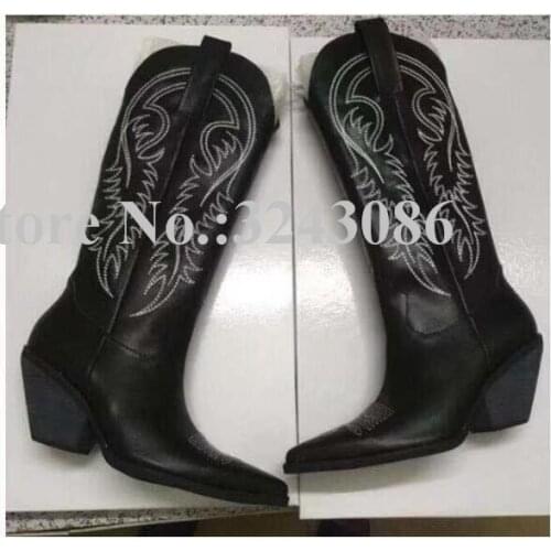 Classical Embroidery Chunky Heel Woman Knee High Boots Best Design Leather Suede Long Boots Lady Banquet Shoes Dropship