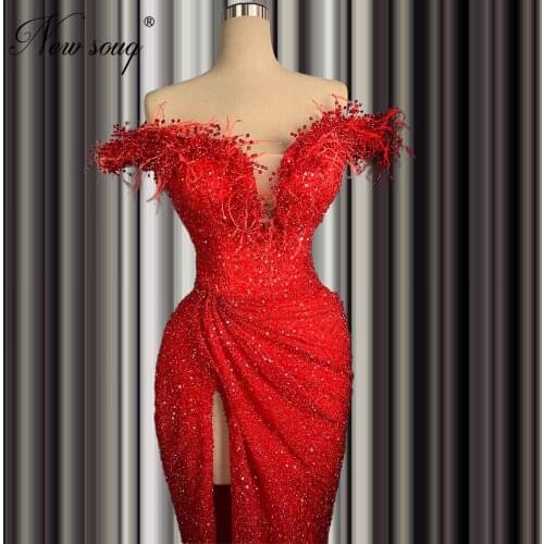 Haute Couture Red Beaded Evening Dresses Saudi Arabia Prom Dress Off Shoulder 2020 Red Carpet Gowns Robe De Soiree Arabic Dubai