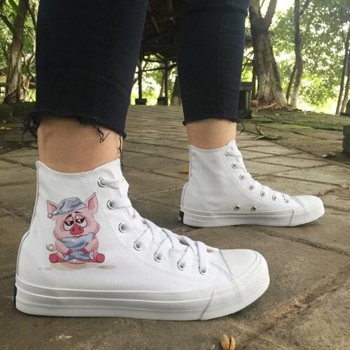Wen Original High Top Canvas Women Mens Skateboarding Sneakers White Black Design Lovely Piggy Popcorn Bolster Watching Movie