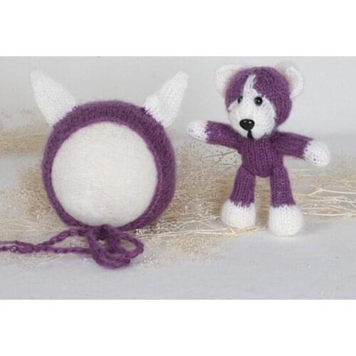 Cute Knit Wolf Hat Knitted Baby Animal Bonnet and Toy Set Crochet Baby Hat Stufffed Toys Girls or Boys Hat Photography Props