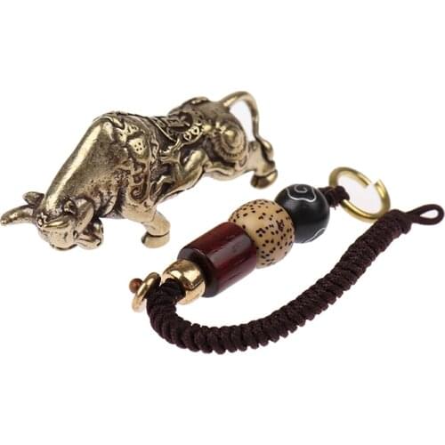 Mini Brass Figurine Of Ox Statue Cow Keychain Accessories Pendant Statue Decor Chinese Feng Shui Hanging Jewelry Decor