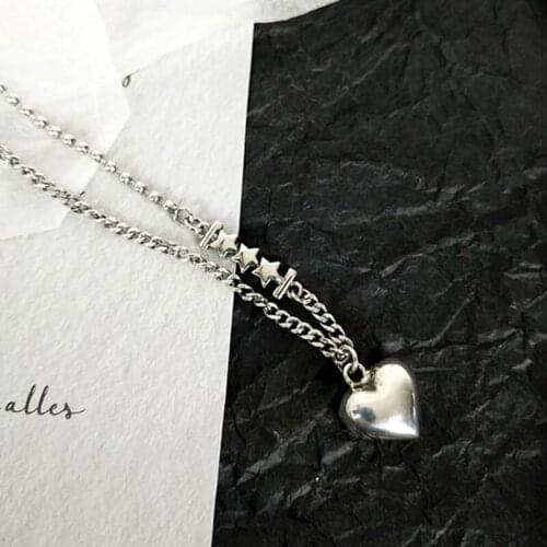 ModaOne Star Love Heart Vintage Handmade Thai Silver Color Necklace For Women Girls Punk Fashion Long Dainty Jewelry Gifts