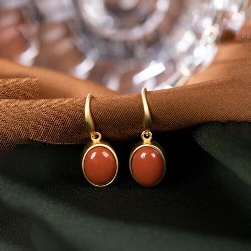 Natural retro mosaic 925 sterling silver southern red agate inlaid oval ladies earrings korean style simple temperament ladies