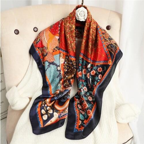 2021 New 90x90cm Luxury Brand Silk Square Scarf for Women Hair Tie Band Bandana Pashmina Female Foulard Muslim Hijab Underscarf