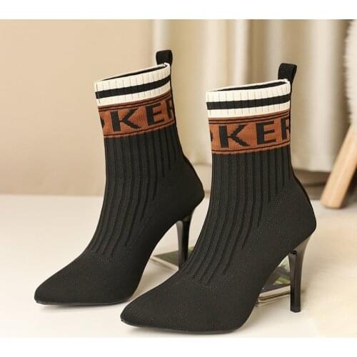 HughSwell Autumn High Heel Glove Boots Pointy Toe Stretch Booties Mid Calf Botas Women Ankle Sock Shoes