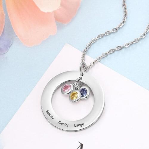 MumuXing Personalized Stainless Steel Necklace Birthstone For Women Engraved 1-3 Name Round Charm Ladies Necklace Custom Jewelry