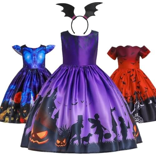 Halloween Party Dress Girls Bat Cartoon Printing Cosplay Costumes Kids Evening Party Dress Vintage Halloween Princess Clothes