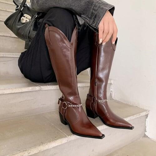 Casual Women Mid-Calf Boots Fashion Cool Chain Genuine Leather Pointed Toe Western Boots Med Heels Autumn Winter Shoes Woman