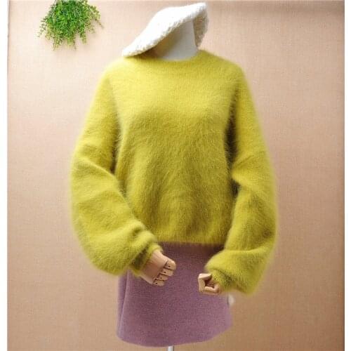 Ladies women fashion o-neck loose plus size mink cashmere knitted long lantern sleeves pullover angora rabbit fur jumper sweater