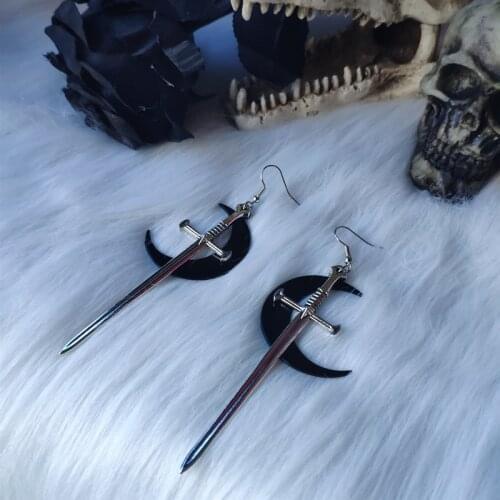 Swords Black Moon Earrings Witchy Pagan Gothic Medieval Classic Warrior Gift Women Statement Rock Drop Charm Metal Minimalism