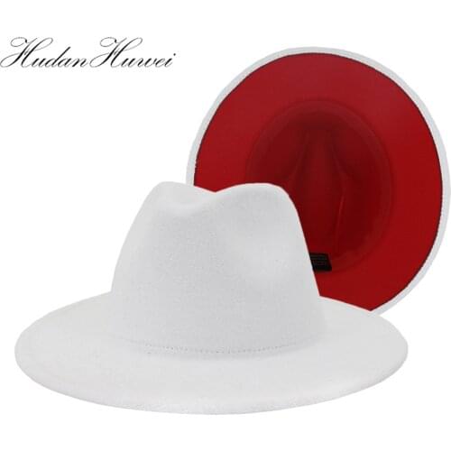 2020 New HighQuality White Hat Patchwork Inner Red Cowboy Woolen Felt Fedora Hat for Woman Men Wide Brim Hat Fedora