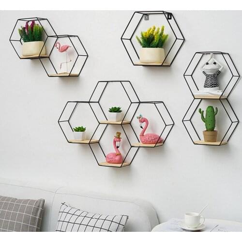 Nordic Hexagonal Iron Stand Small Pot Wall Holder Home Shelf Storage Holder