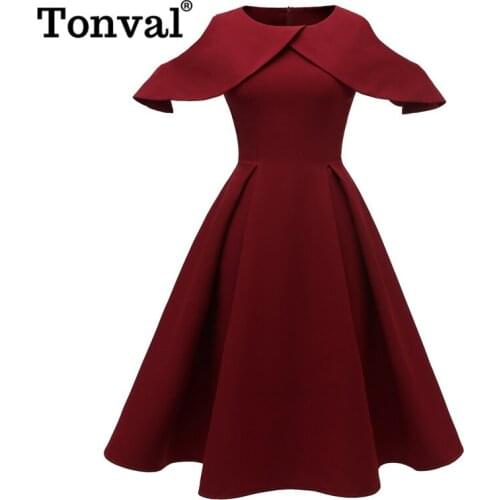 Tonval Elegant Burgundy Cold Shoulder Formal Party Midi Dress Night Out Women Ruffle Cover Up Shoulder Pleated Luxury Dresses