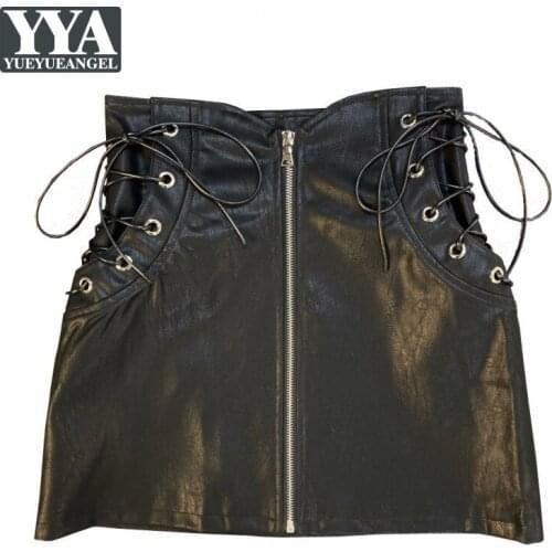 Punk Pu Leather Skirt Women Personality Bandage High Waist Wrap Sexy Skirt Ladies Streetwear Fashion Zipper A Line Skirts Female