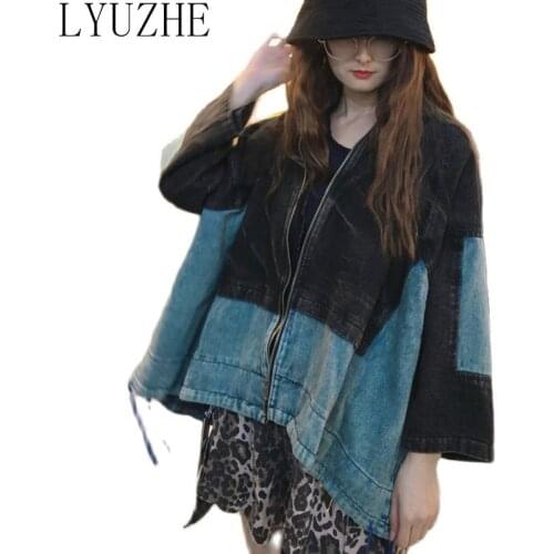 LYUZHE Vintage Patchwork Women Denim Coat 2021 Spring Irregular Denim Jacket Spliced Long Sleeve Coat Black Blue Yellow QDY234