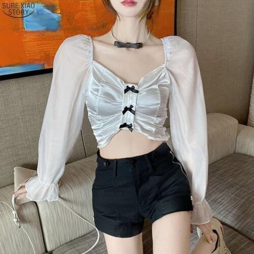 2021 Off Shoulder Streetwear Solid Shirts Women Summer Slash Neck Chiffon Blouse Women Tops Puff Sleeve Ladies Clothing 13318