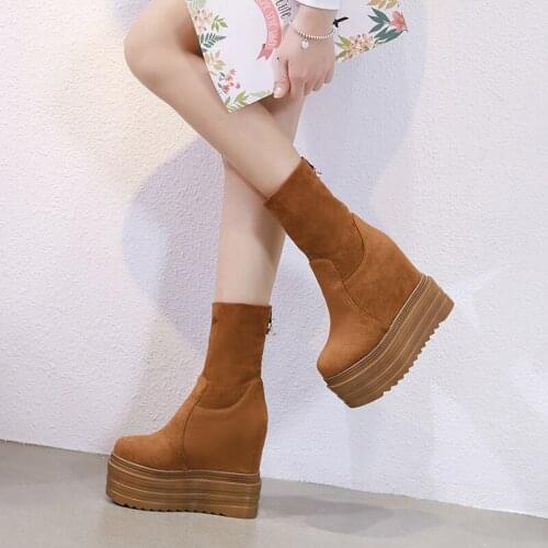 Womens Mid-Calf Boots Winter Knitting Wool Hidden Heel Woman Warm Winter Boots Fashion Platform Thick Sole Shoes Women Boot