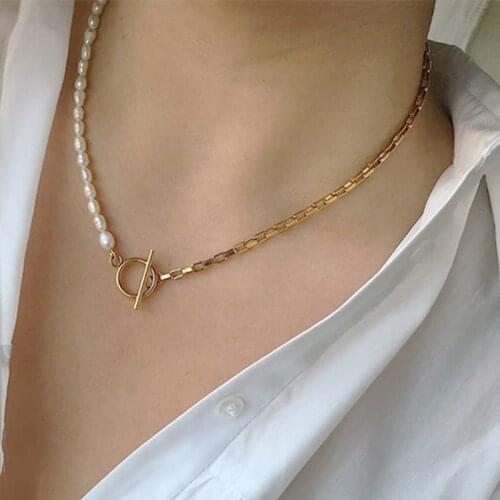 2020 new creative design fashion short necklace freshwater pearl punk chain stitching choker high quality stainless steel chain