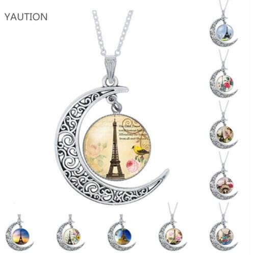 YAUTION Eiffel Tower Silver Color Jewelry Fashion Moon Statement Necklace Glass Galaxy Collares Necklaces & Pendants For Women