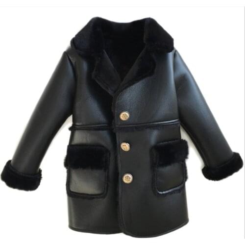 Boys girls Winter Children Faux Leather Suede Coat Black kids fur collar PU Leather jackets Outwear