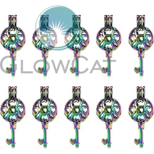 10x C883 Rainbow Color Key Multi Heart Beads Cage Jewelry Making Perfume Diffuser Pearl Cage Locket Pendant Girl Women Gift