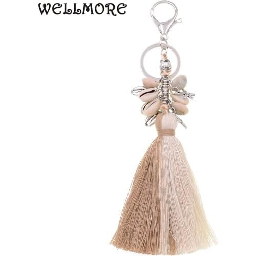 WELLMORE handmade shell with long tassel alloy Key Chain For Women Girl Bag Keychain