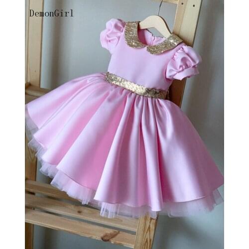 Toddler Girls Dresses Pink Satin Gold Sequined Bow Princess First Birthday Dress Baptism Gowns Photoshoot 9M 12M 24M