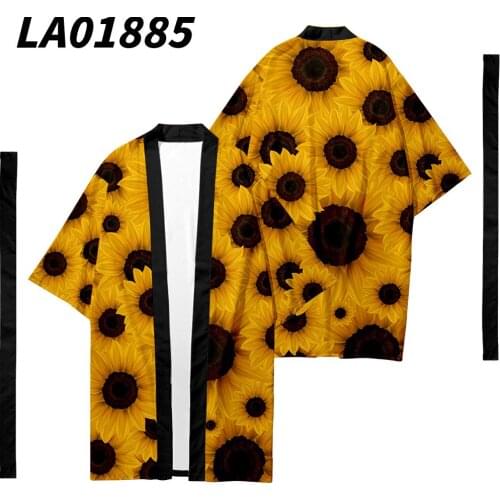 Oversize 6XL Sunflower Printed Long Style Japanese Kimono Cardigan With Belt Couple Women Men Casual Asian Clothes Harajuku