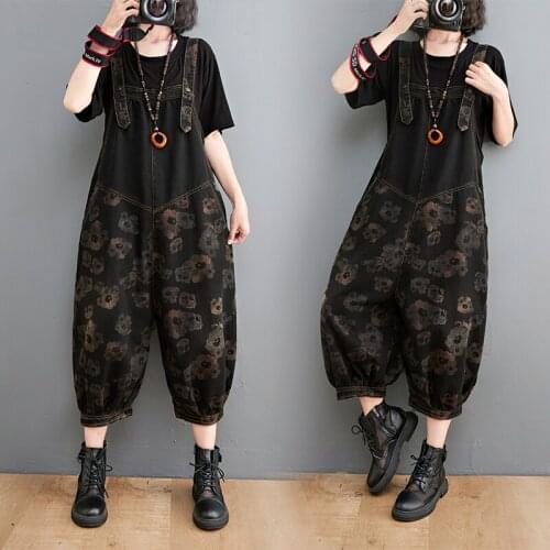 Denim Overalls Floral Jumpsuits Female Suspenders Strap Patchwork Loose Harem Pants Casual Jeans Rompers Washed High Waist Black