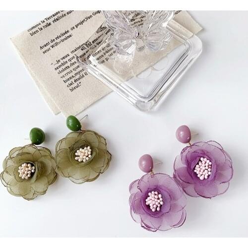 Korean Style Elegant Chiffon Lace Flower Clip Earrings Japanese Green Cloth Purple Petals Flower Earrings Ear Clips for Female